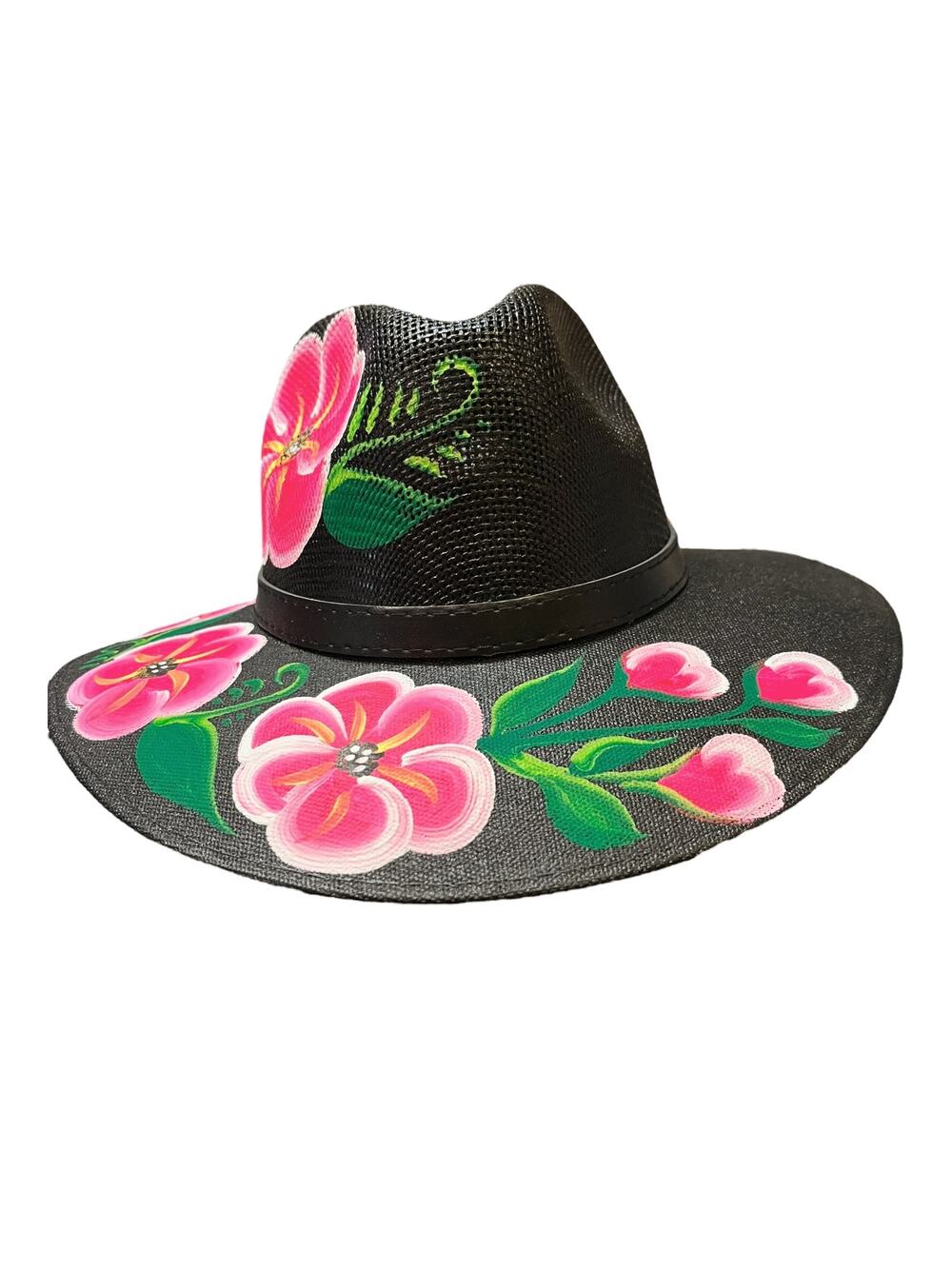 HAT MEXICAN Artisanal Hand Painted Fedora Floral Sombrero Panama Bohemian Black